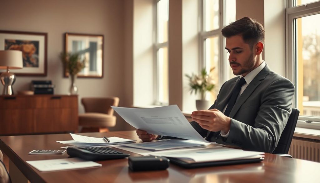 A modern, professional office setting with a well-dressed individual seated at a desk, meticulously reviewing documents related to property valuation. The room is bathed in warm, natural lighting filtering through large windows, lending an air of authority and expertise. On the desk, a tablet, calculator, and various paperwork create a sense of a meticulous, analytical process. The background features subtle, elegant decor that reinforces the high-end, trustworthy nature of the service. The overall atmosphere conveys a sense of diligence, precision, and the confidence associated with a qualified, experienced inheritance tax property valuation professional.