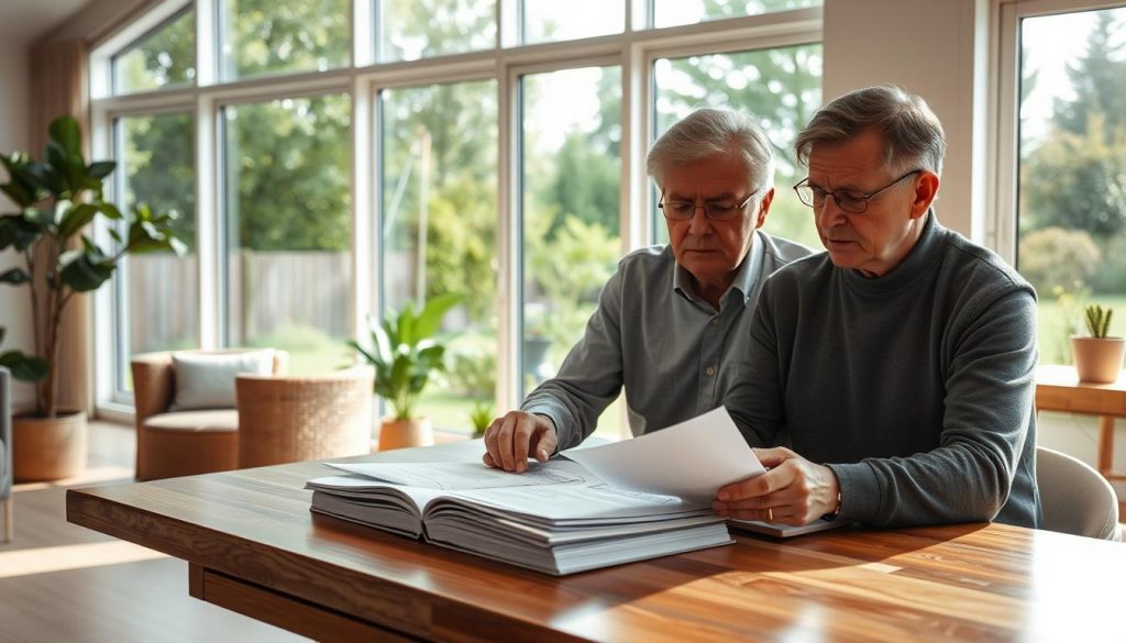 A modern, well-appointed home set against a backdrop of lush greenery, sunlight streaming through large windows. In the foreground, a middle-aged couple intently examining documents on a polished wooden table, expressions serious as they calculate the home's value for inheritance tax purposes. The room is spacious and airy, with tasteful decor and neutral tones that convey a sense of quiet contemplation. The lighting is soft and natural, accentuating the gravity of the task at hand. A sense of responsibility and care pervades the scene, as the couple carefully considers the implications of their parents' estate.