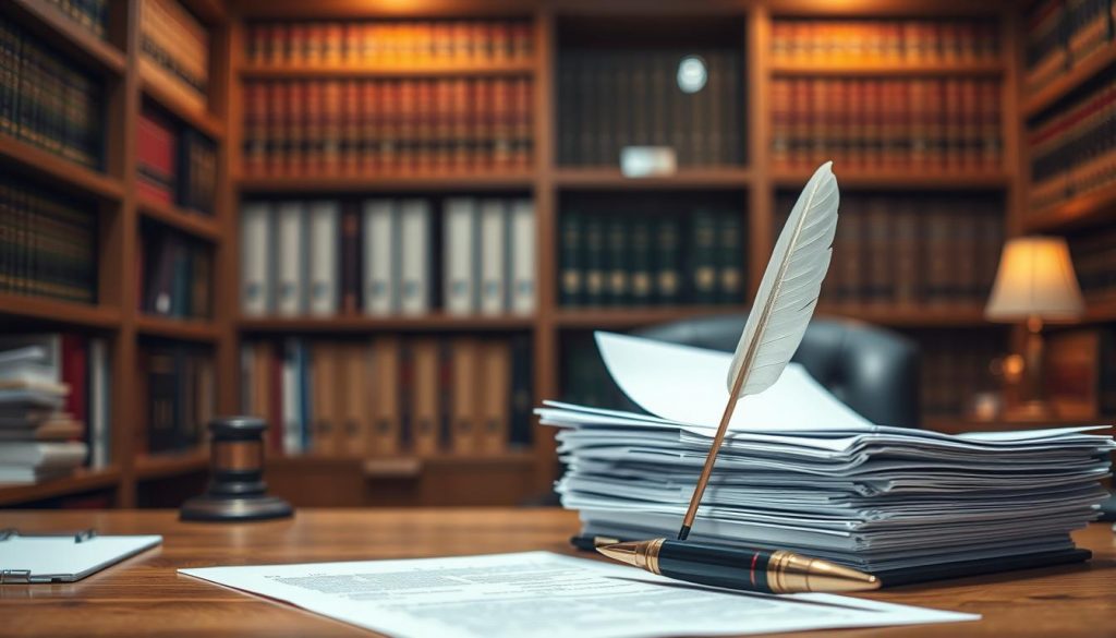 A neatly organized office setting, illuminated by soft, warm lighting. On the desk, a stack of legal documents and a quill pen, signifying the formal process of will writing. Bookshelves lining the walls, hinting at the wealth of legal knowledge and expertise available. The mood is one of quiet professionalism, reflecting the gravity and importance of ensuring a secure financial future for one's family. The scene evokes a sense of trust, reliability, and attention to detail - essential qualities for effective will writing services.