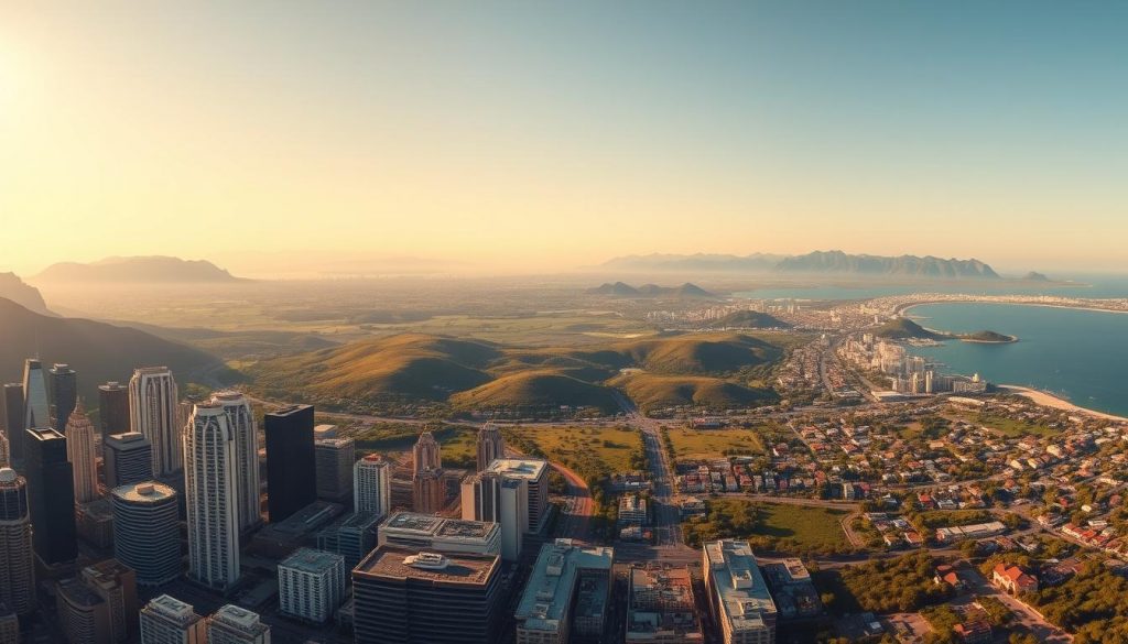 A panoramic aerial view of various jurisdictions with no death duties. The foreground depicts a bustling financial district with towering skyscrapers, sleek office buildings, and throngs of people moving about. The middle ground showcases lush green landscapes, winding roads, and picturesque residential areas. The background features distant mountain ranges, clear blue skies, and a serene coastal setting. The lighting is warm and inviting, creating a sense of prosperity and stability. The scene is captured through a wide-angle lens, emphasizing the expansive nature of these tax-friendly locations.