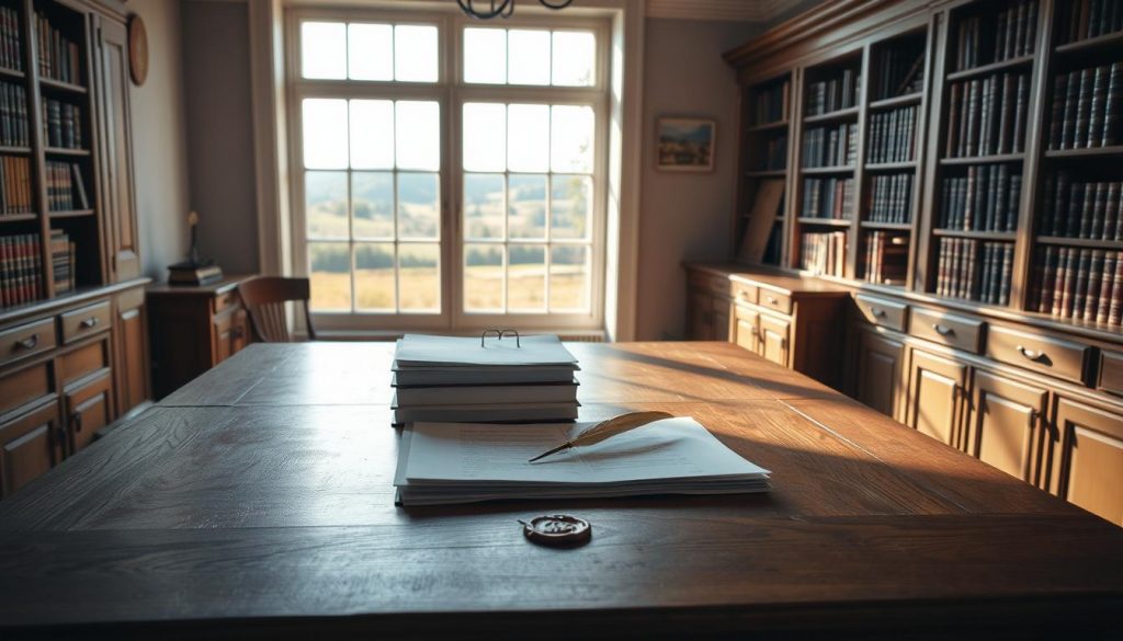 A peaceful Swedish study, sunlit and serene, with a large oak desk at the center. On the desk, a stack of papers, a quill pen, and a wax seal - the tools of inheritance tax planning. Bookshelves line the walls, their leather-bound volumes hinting at generations of family history. Through the window, a pastoral landscape unfolds, rolling hills and distant forests. The atmosphere is one of quiet contemplation, where the legacy of the past meets the careful planning for the future.