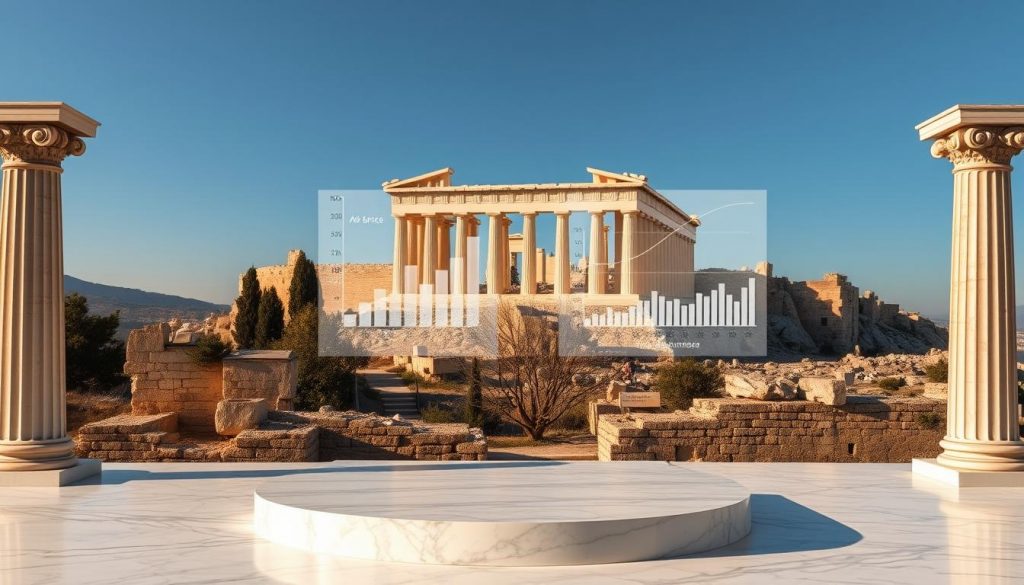 A pristine marble podium stands in the foreground, flanked by ornate Greek columns casting long shadows. In the background, the Acropolis of Athens looms majestically, its ancient ruins bathed in warm, golden light. Between the two, a series of transparent charts and graphs float, displaying the nuanced differences between inheritance tax laws in Greece and the United Kingdom. The scene exudes a sense of timeless authority and scholarly contemplation, inviting the viewer to delve into the complexities of this important financial topic.
