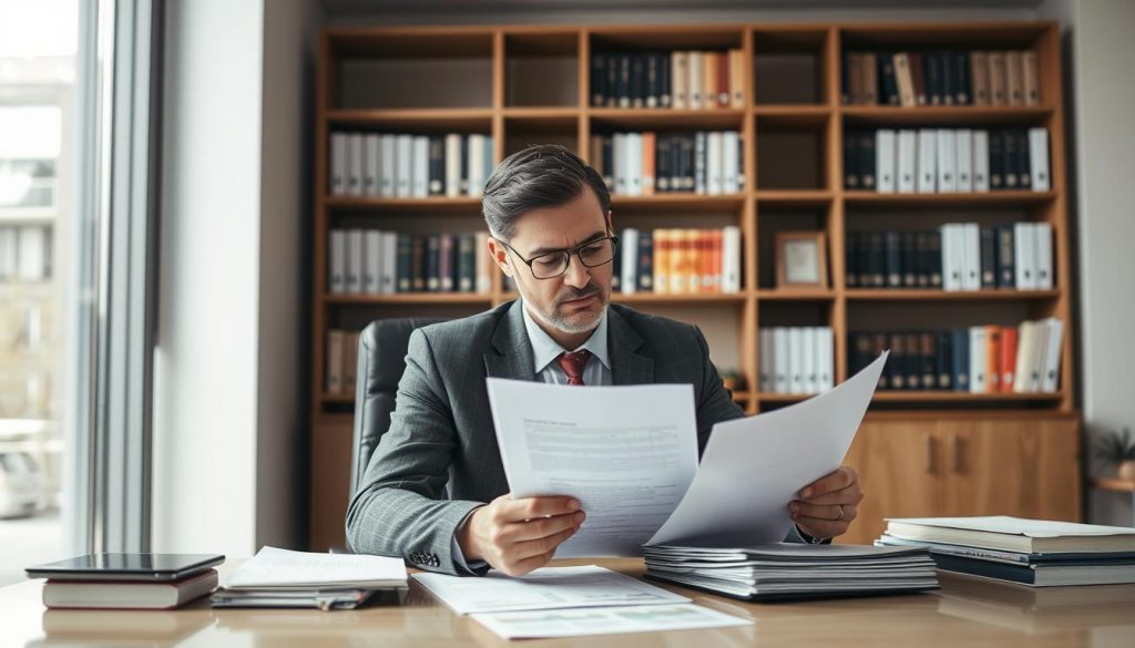 A professional accountant sitting at a desk, meticulously reviewing financial documents and estate planning materials, with a pensive expression as they navigate the complexities of handling inheritance tax on a will. The scene is set in a well-lit, modern office, with floor-to-ceiling windows allowing natural light to flood the space. The accountant's desk is organized and tidy, reflecting their attention to detail. The background features a bookshelf filled with accounting and tax-related books, lending an air of expertise and authority to the scene. The overall mood is one of focused professionalism, as the accountant works to ensure the proper handling of the inheritance tax to honor the wishes of the deceased and provide guidance to the beneficiaries.