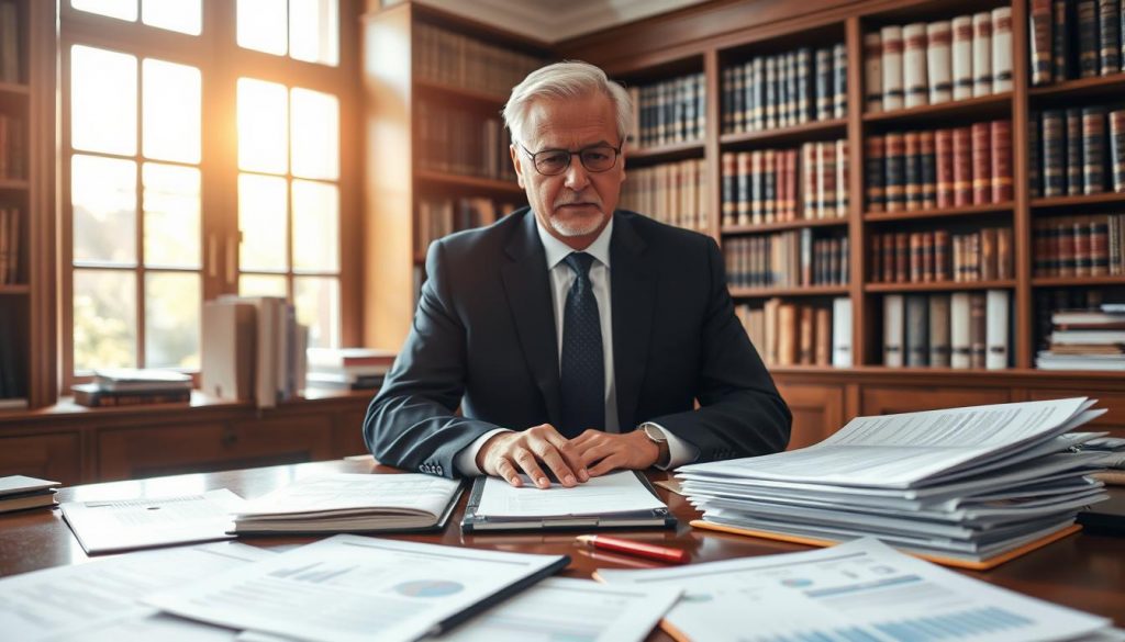 A professional and well-organized business office, bathed in warm, natural lighting from large windows. On the desk, a variety of financial documents and reports, neatly arranged, conveying the importance of thorough estate planning and inheritance tax management for limited companies. In the background, bookcases filled with legal and financial reference materials, exuding an atmosphere of expertise and diligence. A senior financial advisor, dressed in a crisp suit, is seated at the desk, their expression one of focused concentration as they review the documents, ready to provide the guidance and insights needed to safeguard the client's family assets.