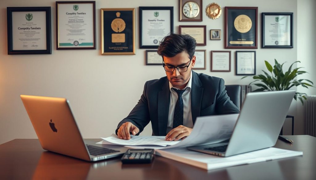 A professional financial advisor sitting at a desk, poring over financial documents and charts, with a laptop and calculator nearby. In the background, a wall adorned with certificates and awards, conveying expertise and authority. Soft, warm lighting casts a contemplative mood, as the advisor thoughtfully considers inheritance tax planning strategies. The composition emphasizes the importance of careful, strategic financial planning to minimize tax liability and ensure a secure financial future for their clients.