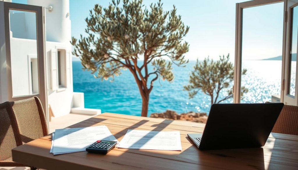 A serene Greek island scene, with a traditional white-washed villa overlooking a sparkling azure sea. In the foreground, a table set with papers, a laptop, and a calculator, symbolizing the meticulous process of tax planning. Sunlight streams through large windows, casting a warm, contemplative glow. In the background, olive trees sway gently, their silvery leaves reflecting the light. The overall atmosphere conveys a sense of tranquility and focus, perfectly suited for the task of inheritance tax planning in Greece.
