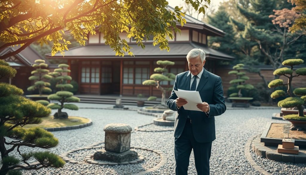 A serene Japanese garden, with a traditional wooden house nestled among manicured bonsai trees and carefully raked gravel paths. Soft, diffused lighting filters through the overhanging leaves, casting a warm, contemplative atmosphere. In the foreground, a well-dressed couple discusses estate planning documents, their expressions thoughtful and focused. In the background, a beautiful koi pond reflects the surrounding nature, symbolizing the cycles of life and the importance of carefully managing one's inheritance.