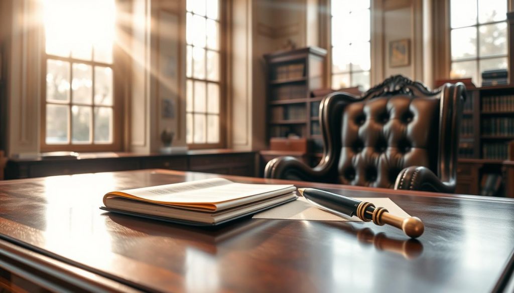 A serene and elegant office setting, with a large ornate mahogany desk and an imposing leather chair. Sunlight streams through tall windows, casting a warm glow over the scene. On the desk, a stack of documents and a quill pen, symbolizing the careful planning and legal considerations of inheritance tax relief. In the background, bookshelves line the walls, hinting at the expertise and knowledge required to navigate the complexities of estate planning. The overall atmosphere conveys a sense of professionalism, expertise, and the importance of securing a lasting legacy for future generations.