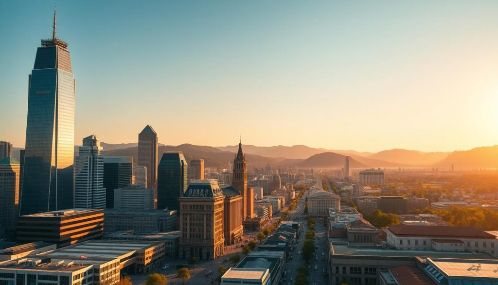 A serene cityscape of prosperous nations without inheritance tax, bathed in warm golden sunlight. In the foreground, majestic skyscrapers and modern architecture rise up, reflecting the wealth and economic stability of these progressive countries. The middle ground features bustling streets lined with thriving businesses, while in the background, verdant hills and a clear blue sky symbolize the tranquility and natural beauty that accompany these tax-friendly environments. The scene conveys a sense of prosperity, opportunity, and freedom from the burdens of excessive taxation, captured with a cinematic wide-angle lens and natural, diffused lighting.