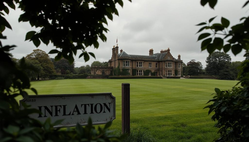 A serene countryside estate, its verdant lawns and stately manor house weathered by the passage of time. In the foreground, lush foliage frames a view of the estate, its once-grand walls now crumbling, the impact of inflation evident in the eroded grandeur. The sky is overcast, lending a melancholic tone, a muted palette of grays and earth tones reflecting the somber reality of diminished property values. In the middle ground, a weathered sign indicates the estate's name, a testament to a bygone era of prosperity now faded. The overall scene conveys the wistful tension between the estate's former glory and the harsh realities of modern economics, a visual representation of the impact of inflation on inheritance and wealth.