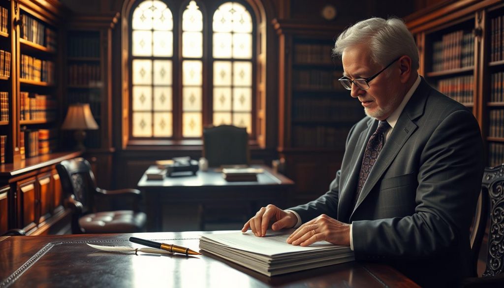 A serene, dimly lit study with rich mahogany furniture and a large, ornate desk. A stack of legal documents and a quill pen rest atop the desk, symbolizing the careful process of setting up a will trust. Warm, golden lighting filters through the leaded glass windows, casting a contemplative atmosphere. The room is adorned with bookshelves filled with leather-bound volumes, suggesting a legacy of knowledge and wisdom. In the foreground, a focused elderly gentleman, dressed in a crisp suit, reviews the documents with a pensive expression, embodying the gravity and trust inherent in the will trust process.