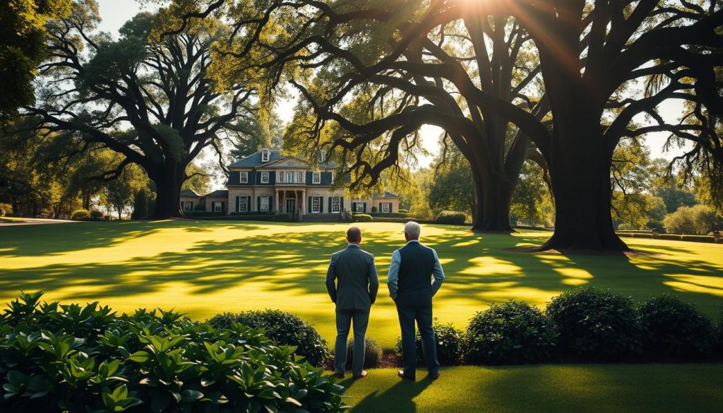 A serene estate, its grand manor casting a stately shadow across manicured lawns. In the foreground, a well-dressed couple stand amidst lush greenery, deep in contemplation. Sunlight filters through towering oak trees, casting a warm, golden glow. The scene exudes a sense of legacy, as if the couple ponder the future transfer of their hard-earned wealth. A sense of careful planning pervades the atmosphere, hinting at the complexities of inheritance tax navigation. Crisp, high-resolution photography captures the nuances of this thoughtful moment, inviting the viewer to consider the weight of generational wealth and its responsible stewardship.