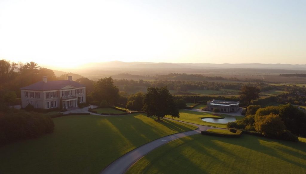 A serene estate nestled amid lush rolling hills, the sun's warm glow casting a peaceful ambiance. In the foreground, a stately manor stands tall, its elegant facade and manicured gardens exuding an air of timeless grandeur. In the middle ground, a path winds through the estate, leading towards a sprawling, verdant landscape dotted with mature trees and a tranquil pond. The background is framed by a panoramic vista of distant mountains, their peaks silhouetted against a vibrant, golden-hued sky. The scene conveys a sense of tranquility and generosity, as if the estate is being graciously bequeathed to a charitable cause, preserving its beauty for generations to come.
