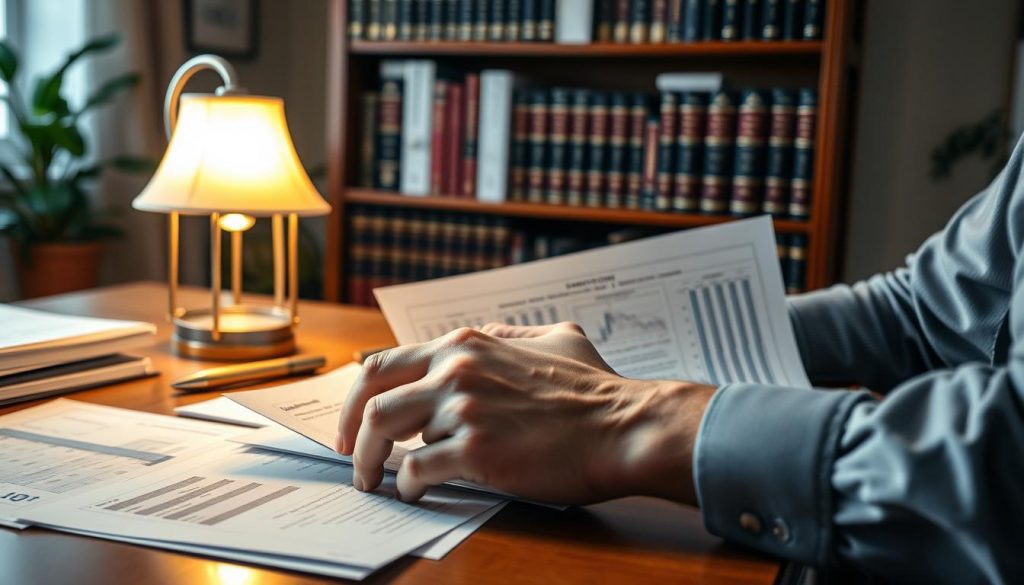 A serene home office, a warm lamp casting a soft glow, papers and documents neatly arranged on a wooden desk. In the foreground, a hand carefully sorts through financial statements, planning for the future. Behind, a bookshelf filled with legal tomes and tax guides, hinting at the careful preparation required for inheritance tax mitigation. The atmosphere is one of thoughtful contemplation, as the subject considers the best strategies to safeguard their family's legacy. The scene conveys a sense of responsibility and foresight, essential elements of effective inheritance tax planning.