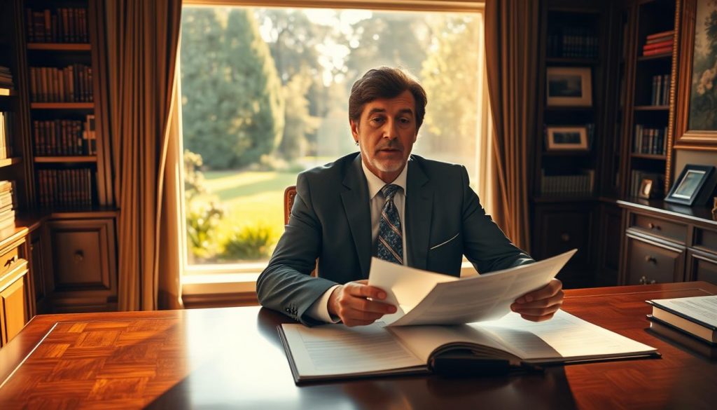 A serene home office scene, with a wealthy individual seated at a mahogany desk, carefully reviewing estate planning documents. In the background, a large window overlooks a lush garden, bathed in warm, golden sunlight. Elegant bookshelves and framed art adorn the walls, creating an atmosphere of sophistication and intellectual contemplation. The subject's expression is thoughtful, as they consider the intricacies of inheritance tax planning, seeking to safeguard their family's future. The lighting is soft and diffused, casting subtle shadows that add depth and dimension to the scene. The overall mood is one of tranquility and strategic foresight, capturing the essence of the article's subject matter.