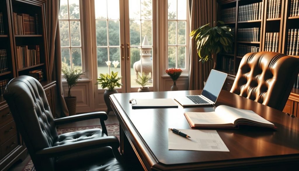 A serene home office with a large wooden desk, a plush leather chair, and a bookshelf filled with financial and legal tomes. On the desk, a laptop, a stack of documents, and a pen resting on a legal pad. Soft, warm lighting illuminates the space, creating an atmosphere of thoughtful contemplation. In the background, a window overlooks a picturesque garden, hinting at the importance of securing one's family's future. The overall scene conveys a sense of diligence, expertise, and careful planning - the essence of inheritance tax minimization strategies.