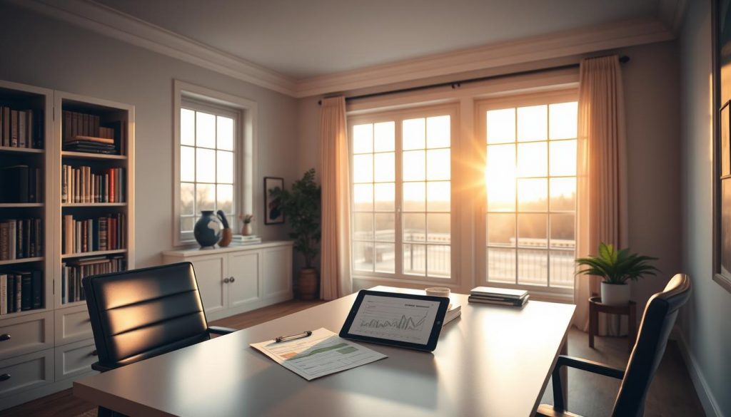 A serene, minimalist home office, the evening sun casting a warm glow through large windows. Atop a clean, uncluttered desk, financial documents and a tablet display strategies for inheritance tax planning. Bookcases line the walls, their contents hinting at the owner's expertise in tax law and financial planning. An air of tranquility and thoughtfulness pervades the scene, inviting the viewer to contemplate the nuances of navigating inheritance tax.