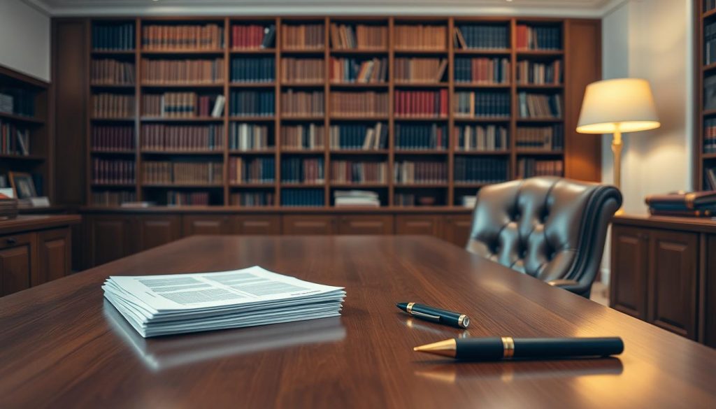 A serene office interior with a large wooden desk, a comfortable leather chair, and a floor-to-ceiling bookshelf. On the desk, a stack of documents and a pen, symbolizing the careful planning and attention to detail required for effective inheritance tax management. Soft, warm lighting casts a pensive glow, while the bookshelf in the background suggests a wealth of knowledge and experience. The overall atmosphere conveys a sense of professionalism, expertise, and a thoughtful approach to securing family assets.