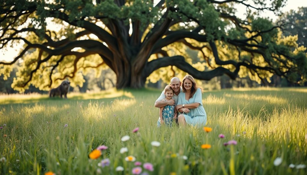A serene, sun-dappled meadow with lush green grass and vibrant wildflowers in the foreground. In the middle ground, a family gathered together, smiling and embracing, symbolizing the protection and security of their loved ones. In the background, a stately oak tree stands tall, its branches casting a gentle, warm shadow over the scene. The overall mood is one of tranquility, togetherness, and the feeling of being sheltered from the outside world, reflecting the sense of "exemptions and allowances" that provide a safe haven for families.