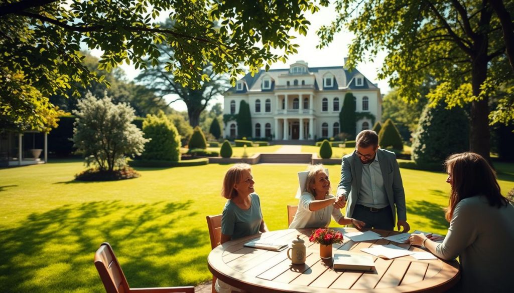 A serene, sun-dappled scene of a tranquil garden, with a well-manicured lawn and lush, verdant foliage. In the foreground, a family gathers around a wooden table, discussing financial documents and exchanging heartfelt handshakes, symbolizing the act of gifting and charitable donations to reduce inheritance tax liability. The middle ground features a grand, stately mansion in the background, its elegant architecture and well-tended grounds conveying a sense of wealth and prosperity. The lighting is soft and warm, creating a mood of thoughtful contemplation and financial planning. The overall composition suggests the importance of proactive estate management and the benefits of utilizing gifts and donations to preserve family wealth for future generations.