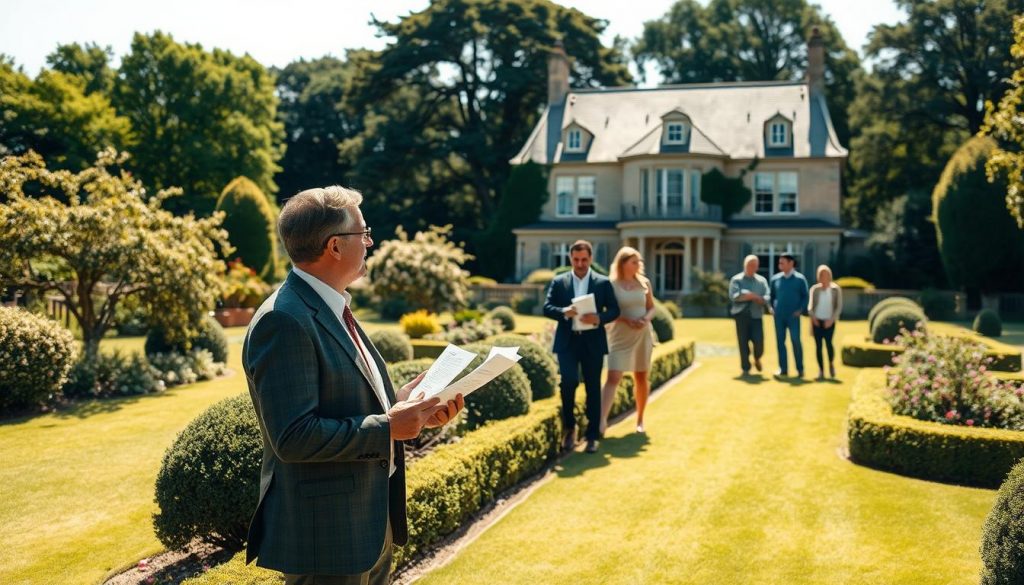 A serene, sun-drenched estate nestled on the picturesque island of Jersey. In the foreground, a well-dressed financial advisor stands, papers in hand, engaging in a thoughtful discussion with a family. The middle ground features a manicured garden, complete with flowering shrubs and a meticulously tended lawn. In the background, the stately manor house stands, its timeless architecture and warm, inviting hues reflecting the island's rich heritage. The scene is bathed in soft, natural lighting, conveying a sense of tranquility and security, as the advisor guides the family through the nuances of estate planning, ensuring their financial future is safeguarded.