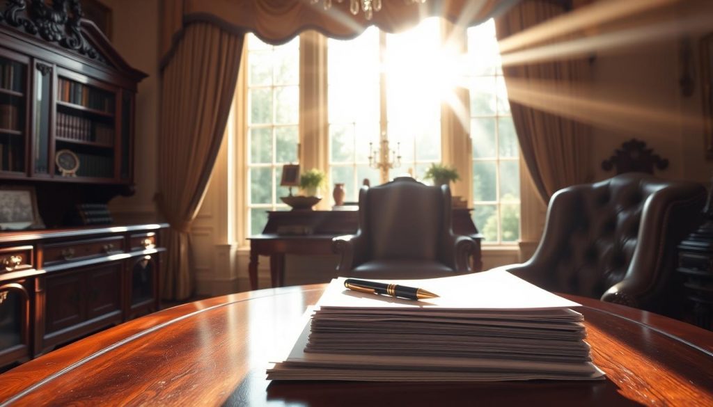 A serene, well-appointed study with rich mahogany furniture, a large ornate desk, and a plush leather armchair. Sunlight streams through tall windows, illuminating the room and casting soft shadows. On the desk, a stack of documents and a pen sit neatly organized, symbolizing the careful planning and attention to detail involved in estate management. The atmosphere is one of quiet professionalism and thoughtful contemplation, evoking the importance of responsible estate planning.