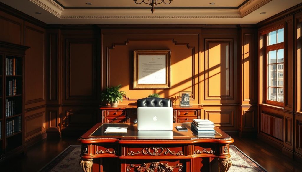 A sleek and sophisticated office setting, bathed in warm, natural lighting from large windows. At the center, an ornate mahogany desk with a laptop, a stack of papers, and a potted plant. On the wall behind, a framed certificate or document representing an ISA investment account. The room exudes an atmosphere of financial authority and professionalism, conveying the serious, yet thoughtful, nature of the inheritance tax treatment of ISAs.