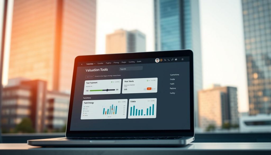 A sleek, minimalist web interface showcasing intuitive online property valuation tools. In the foreground, a laptop display presents a user-friendly dashboard with sliders, charts, and interactive elements. The background features a blurred cityscape with modern high-rise buildings, reflecting the digital nature of these valuation services. Warm, natural lighting casts a subtle glow, creating a professional and trustworthy atmosphere. The scene conveys the ease and accessibility of DIY property valuation in the digital age.
