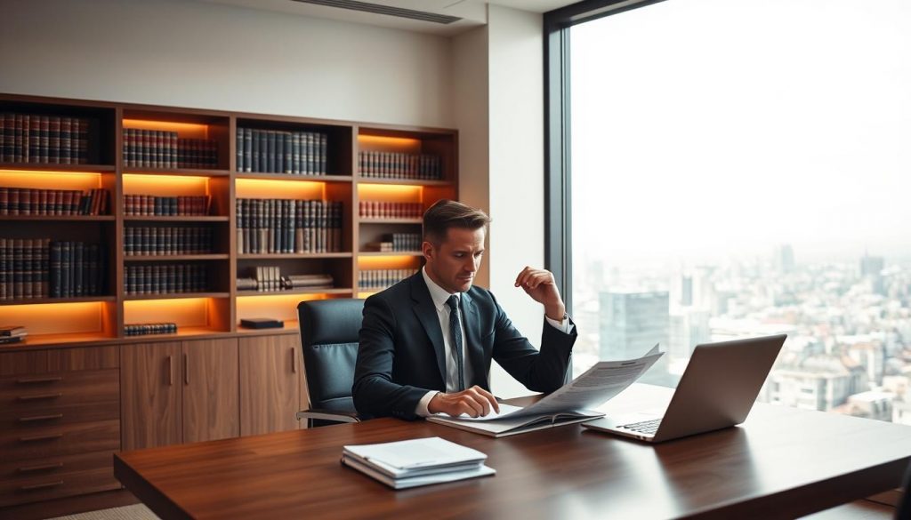 A sleek, modern minimalist office setting with a large window overlooking a cityscape. In the foreground, a well-dressed executive sits at a stylish wooden desk, deep in thought as they review financial documents. The lighting is soft and warm, creating a cozy, contemplative atmosphere. In the middle ground, bookshelves filled with legal tomes line the walls, hinting at the complexities of estate planning and inheritance. The background is a panoramic view of the city, representing the broader financial landscape. The overall mood conveys a sense of careful consideration and strategic planning to minimize the impact of inheritance tax.