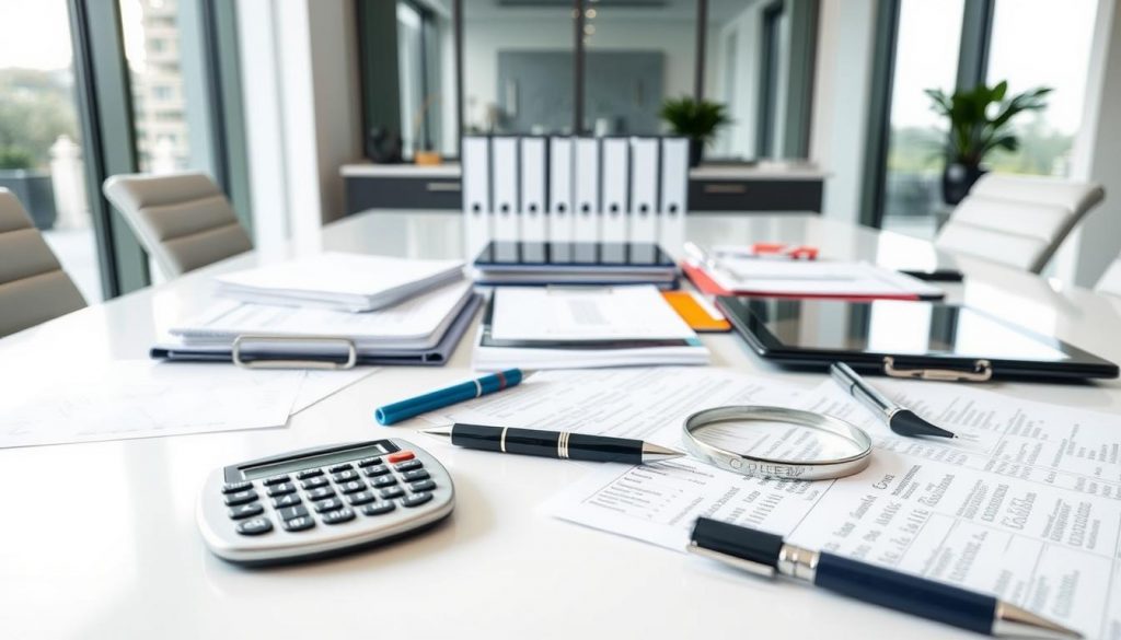 A sleek, modern office setting with an array of financial planning tools and documents sprawled across a pristine desk. In the foreground, a calculator, pen, and magnifying glass symbolize the careful analysis required for inheritance tax reduction strategies. The middle ground features neatly organized folders, binders, and a tablet, hinting at the comprehensive planning process. In the background, a large window floods the room with soft, natural lighting, creating a sense of professionalism and transparency. The overall atmosphere conveys a thoughtful, meticulous approach to securing one's family's financial future.