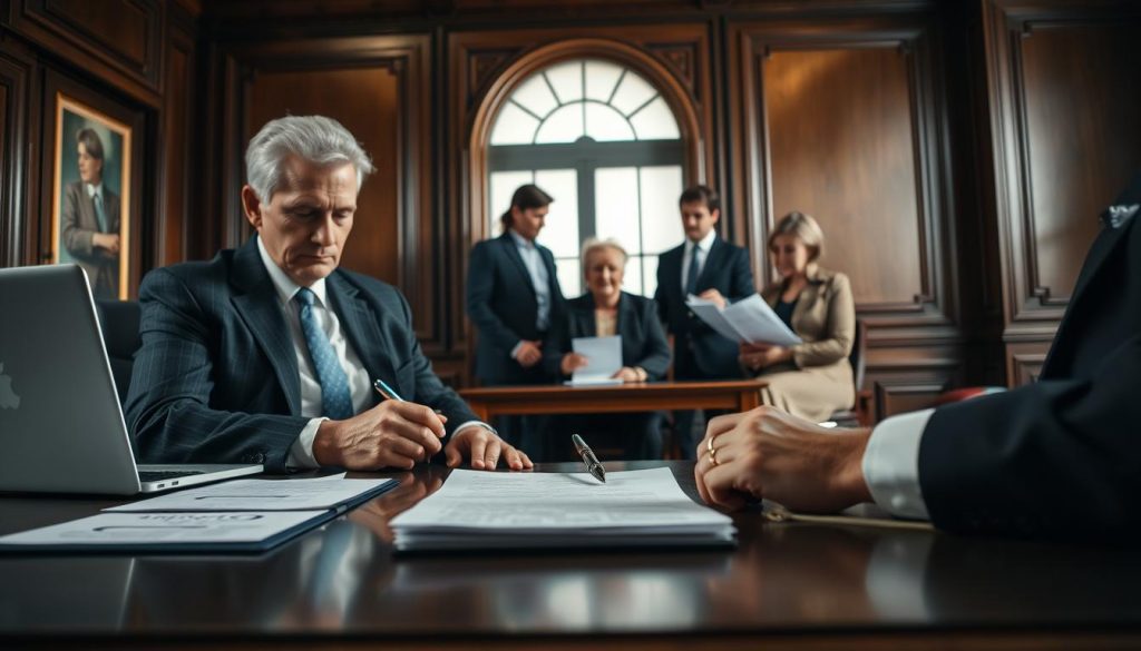 A solemn, formal scene of the inheritance tax process. In the foreground, a desk with official documents, a laptop, and a pen poised to sign. Behind it, an executor or administrator in a tailored suit, thoughtfully reviewing paperwork. In the middle ground, a family - a widow, adult children - gathered, solemnly discussing the estate. The background is a tasteful, wood-paneled office, softly lit by a large window, conveying a sense of gravity and professionalism. The overall mood is serious, reflective, as the executors navigate the complex process of settling the deceased's affairs.