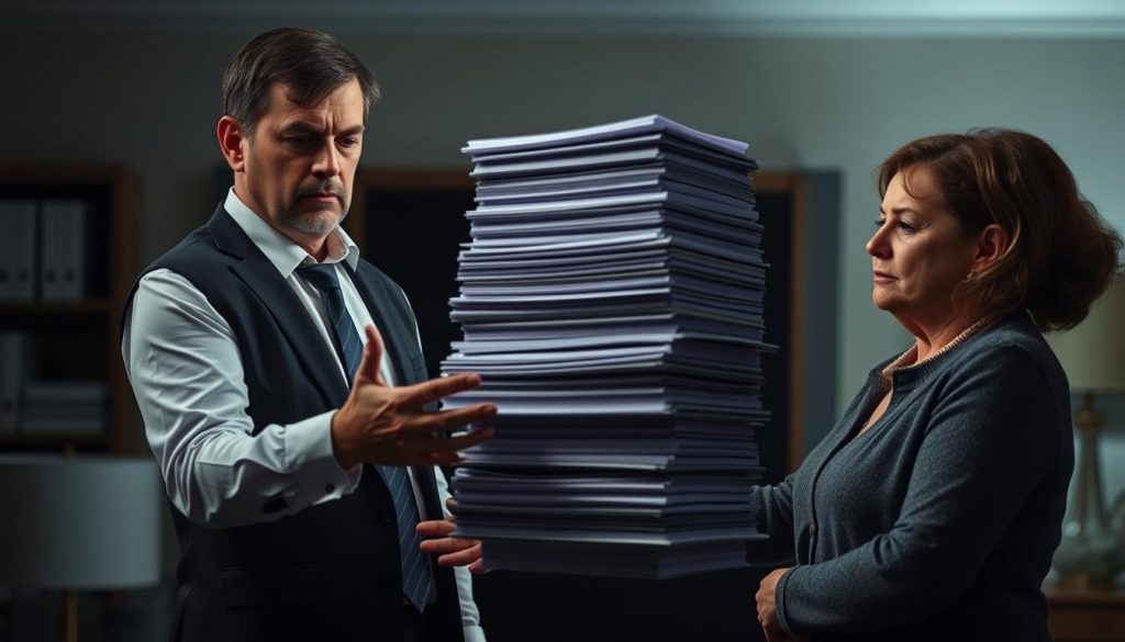 A somber financial advisor stands before a couple, gesturing to a towering stack of documents representing the inheritance tax liability. The scene is captured in a dimly lit office, creating a sense of gravity and weight. The advisor's serious expression and the couple's concerned faces convey the gravity of the situation. The background is blurred, focusing attention on the central figures and the imposing paperwork that dominates the frame. The lighting casts dramatic shadows, heightening the sense of unease and the burden of inheritance tax.