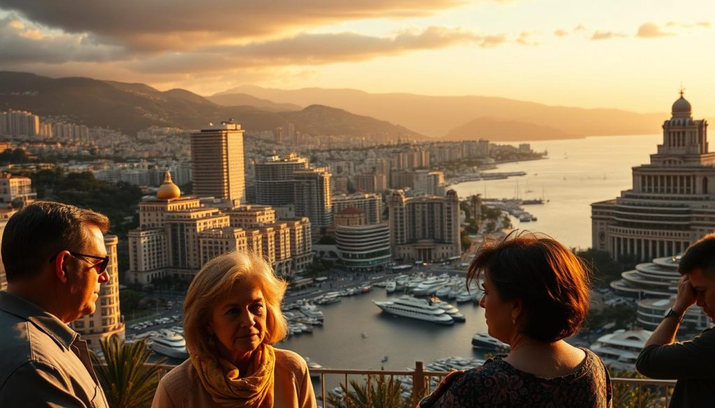 A somber scene of Monaco's sprawling cityscape, bathed in a golden evening light. In the foreground, a family solemnly gathers, their expressions weighed down by the burden of an estate tax looming large. The middle ground reveals towering high-rises, their opulent facades a stark contrast to the anxious faces of the family. In the distance, the iconic Monte Carlo Casino stands as a testament to the wealth and privilege that can be so quickly disrupted by complex inheritance laws. The atmosphere is one of uncertainty, the family's future uncertain as they navigate the intricate web of Monaco's death duties.