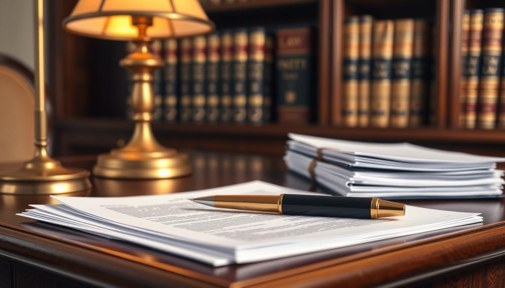 A sophisticated estate planning setting with an elegantly designed wooden desk, a brass lamp casting a warm glow, and a stack of legal documents representing the complexities of trust management. In the foreground, a pen rests atop the documents, symbolizing the careful consideration required. The background features a bookshelf filled with volumes on tax law and financial planning, conveying the depth of knowledge needed to navigate inheritance considerations. The overall atmosphere is one of quiet contemplation, reflecting the thoughtful approach essential for effective trust-based estate planning.