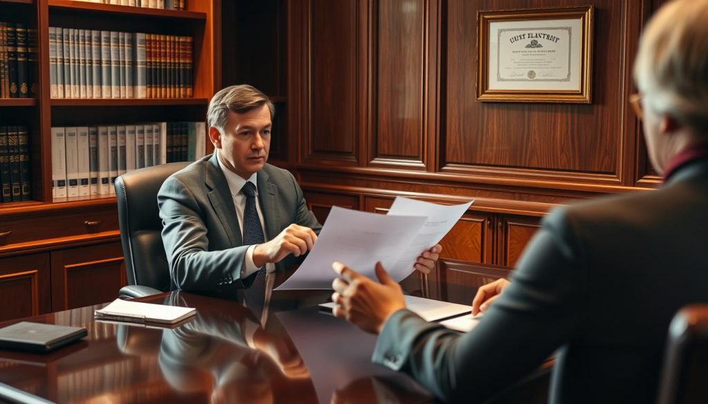 A sophisticated financial advisor sits at a mahogany desk, meticulously reviewing estate planning documents in a warmly lit, wood-paneled office. Shelves of financial books and an elegantly framed diploma hang on the walls, conveying expertise and trustworthiness. The advisor's expression is one of focused concentration, their hands gracefully gesturing as they explain the intricacies of inheritance tax planning to a client seated across the desk. Soft, diffused lighting casts subtle shadows, creating a sense of depth and professionalism. The overall atmosphere is one of competence, diligence, and a commitment to safeguarding the client's financial future.