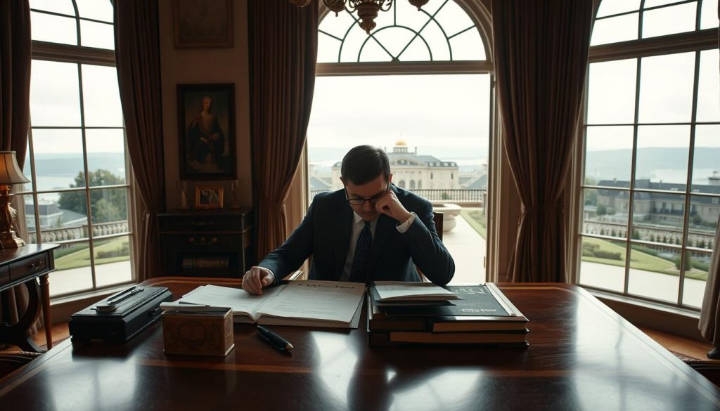 A sophisticated high-net-worth individual sitting at a mahogany desk, deep in contemplation. Behind them, a floor-to-ceiling window overlooking a sprawling estate. Warm, muted lighting casts a pensive glow, while the individual reviews financial documents and strategies for minimizing their tax burden through legal non-domicile planning. The atmosphere conveys an air of thoughtful deliberation, with the grandeur of the setting juxtaposed against the complex financial considerations at hand.