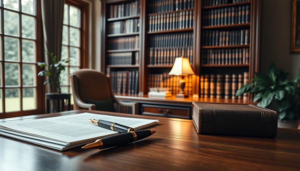 A sophisticated home office setting, softly lit by a warm glow. In the foreground, a wooden desk with a carefully organized arrangement of documents, a fountain pen, and a weathered leather-bound book. Behind it, a grand bookshelf filled with volumes on estate planning and inheritance tax strategies. In the background, a large window overlooks a serene garden, hinting at the secure future the trust aims to provide. The atmosphere is one of thoughtful contemplation, reflecting the gravity and importance of the trust's role in preserving family wealth.
