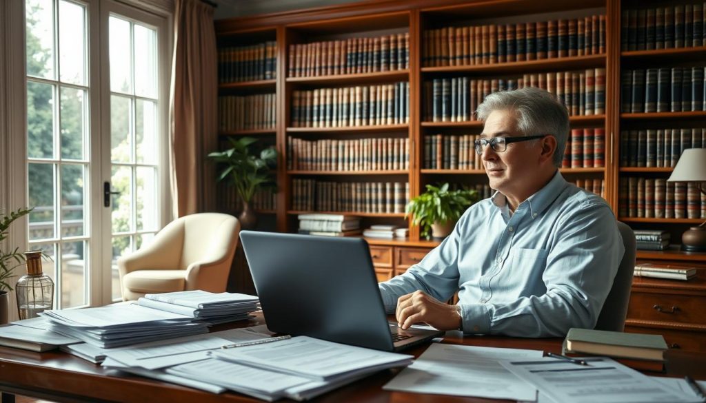 A spacious home office, soft natural light pouring through large windows, a well-organized desk with a laptop and stacks of financial documents. In the foreground, a thoughtful individual contemplates inheritance tax planning strategies, documents and ledgers spread out before them. In the background, bookshelves filled with legal and financial tomes create an atmosphere of informed decision-making. The scene conveys a sense of careful consideration, attention to detail, and a commitment to protecting one's family's assets for the future.