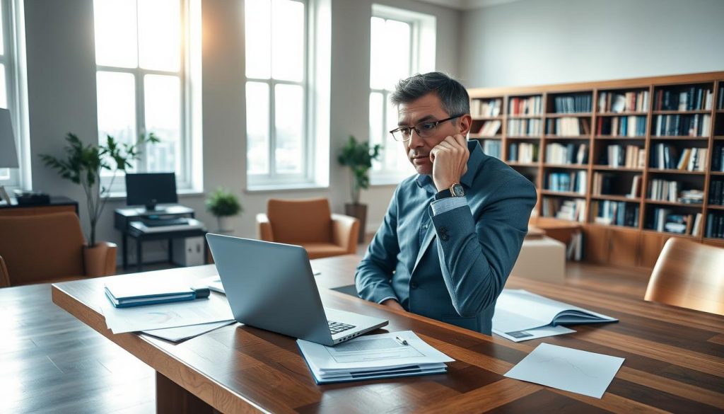 A spacious office interior with a large wooden desk, illuminated by natural light streaming through floor-to-ceiling windows. On the desk, various financial documents and a laptop computer, suggesting an analytical and professional environment. In the foreground, a thoughtful business executive contemplates alternative financial planning strategies, their expression conveying a sense of contemplation and innovation. The background features a bookshelf filled with financial literature, hinting at the depth of knowledge and expertise within the room. The overall scene evokes a sense of quiet contemplation, as the executive explores new approaches to the complex topic of inheritance tax.