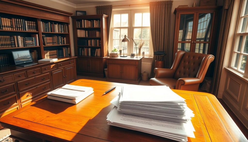 A spacious, sun-drenched home office with a large oak desk, a cozy leather armchair, and a well-stocked bookshelf. On the desk, a stack of documents and forms, representing the various inheritance tax exemptions and gift allowances. The room is bathed in a warm, golden light filtering through the windows, conveying a sense of financial security and careful estate planning. The overall atmosphere is one of organization, diligence, and the comfort of financial preparedness.
