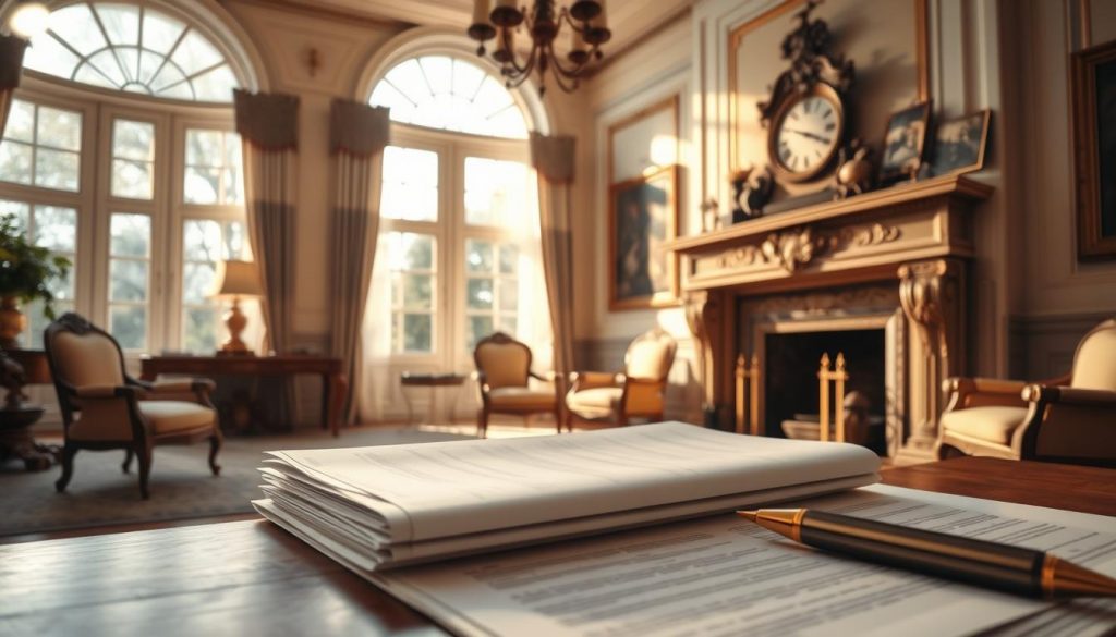 A spacious, sun-lit room with elegant, antique furniture and a large, ornate fireplace mantel. On the mantel, an heirloom clock and framed family photographs. Soft, warm lighting casts a mellow glow throughout the space. In the foreground, a stack of legal documents and a pen, symbolizing the process of inheritance tax relief. The overall scene conveys a sense of timeless tradition, family legacy, and the careful management of one's estate.