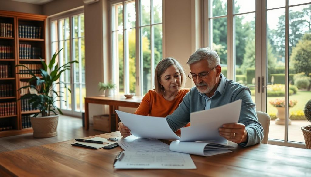 A spacious, well-lit home interior with tall windows overlooking a lush, manicured garden. In the foreground, a middle-aged couple sits at a wooden table, discussing financial documents and papers related to inheritance and estate planning. The lighting is warm and inviting, casting a soft glow on the scene. The couple's expressions convey a sense of thoughtfulness and careful consideration as they navigate the complexities of inheritance tax minimization. The background features bookshelves filled with legal and financial volumes, hinting at the depth of knowledge required for effective inheritance tax planning.