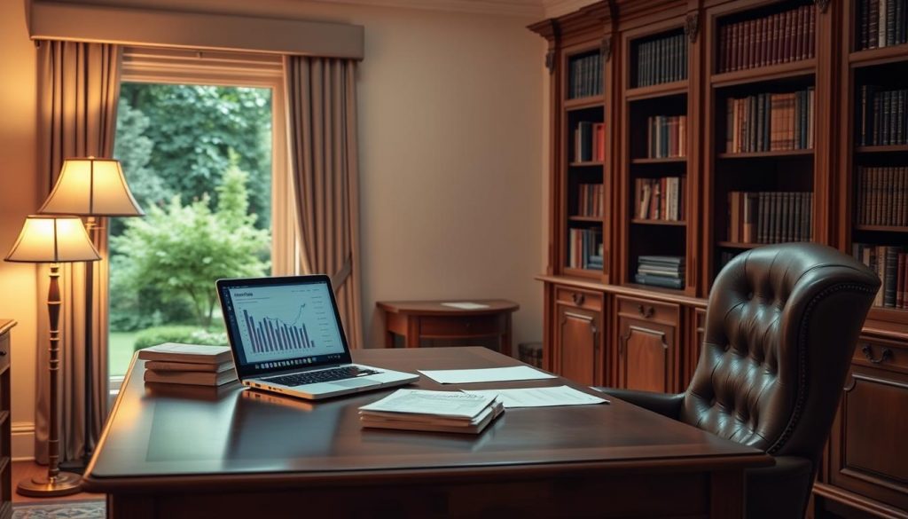 A spacious, well-lit home office with a large wooden desk, a tall, antique bookshelf, and a plush leather chair. On the desk, a stack of documents and a laptop with financial data displayed on the screen. Soft, warm lighting from a floor lamp illuminates the space, creating a contemplative atmosphere. In the background, a window overlooks a lush, verdant garden, hinting at the tranquility outside. The overall scene evokes a sense of thoughtful consideration and financial planning related to inheritance tax obligations.