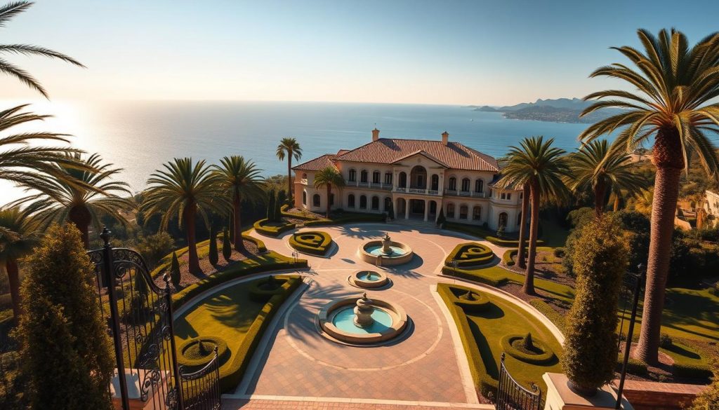 A sprawling Mediterranean-style estate nestled atop a rolling hillside in Monaco, overlooking the glittering azure waters of the Côte d'Azur. Ornate wrought-iron gates stand guard at the entrance, leading to a grand circular driveway lined with towering palm trees. The stately mansion, adorned with elegant arched windows and a terra-cotta tile roof, exudes an air of old-world opulence. In the foreground, a meticulously manicured formal garden with sculpted hedges and a central fountain, while in the distance, the glistening Mediterranean Sea and the iconic silhouette of the Prince's Palace. Warm, golden afternoon light bathes the scene, casting long shadows and highlighting the property's regal grandeur. An atmosphere of wealth, legacy, and careful estate planning.