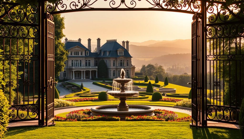 A sprawling estate nestled amidst lush greenery, its grand entrance framed by intricate wrought-iron gates. The sun casts a warm glow, illuminating the stately manor's elegant facade adorned with ornate architectural details. In the foreground, a well-manicured lawn leads the eye towards a fountain where droplets glisten like crystal. The middle ground reveals a meticulously landscaped garden, its vibrant flowers and immaculately pruned shrubs creating a sense of tranquility. In the distance, rolling hills stretch out, their silhouettes fading into a hazy, golden-tinged sky. This serene, picturesque scene evokes the essence of wealth, privilege, and the importance of professional advice in navigating the complexities of estate planning and inheritance tax exemptions.