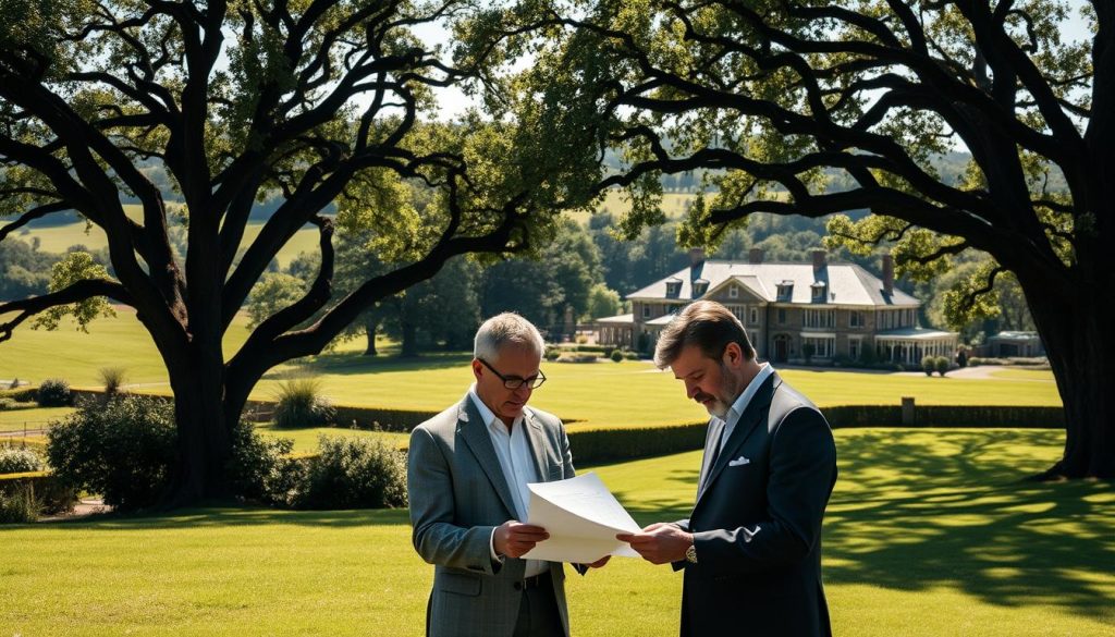 A sprawling family estate nestled amidst lush rolling hills, sunlight filtering through the canopy of ancient oak trees. In the foreground, a well-dressed couple pore over financial documents, brows furrowed in contemplation. Behind them, an expansive manor house stands proud, its timeless elegance a testament to generations of wealth and legacy. The scene exudes a sense of refined sophistication, yet an undercurrent of concern as the couple navigates the complexities of inheritance tax mitigation, mindful of preserving their family's enduring prosperity.