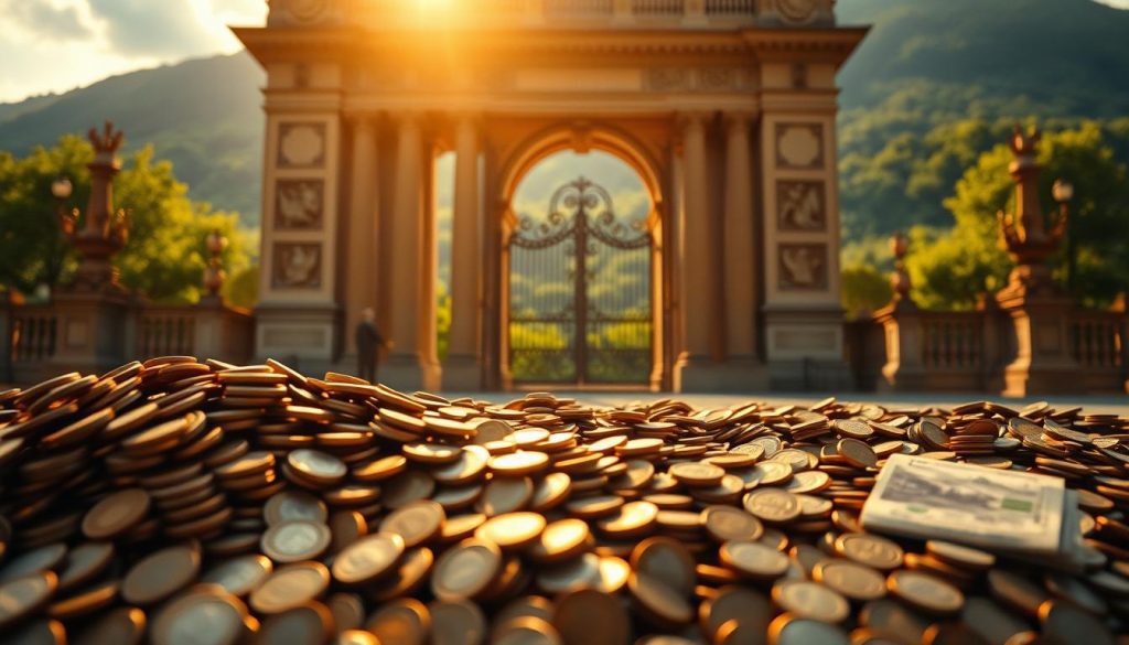 A sprawling inheritance tax threshold, illuminated by a warm, golden light. In the foreground, a meticulously detailed pile of coins and bills, representing the financial inheritance. In the middle ground, a grandiose, ornate gate or archway, symbolizing the legal and bureaucratic process. The background is a lush, verdant landscape, suggesting the generational transfer of wealth and the enduring nature of family legacies. The scene is captured with a sharp, cinematic focus, creating a sense of depth and scale. The overall mood is one of grandeur, solemnity, and the weighty significance of intergenerational wealth management.