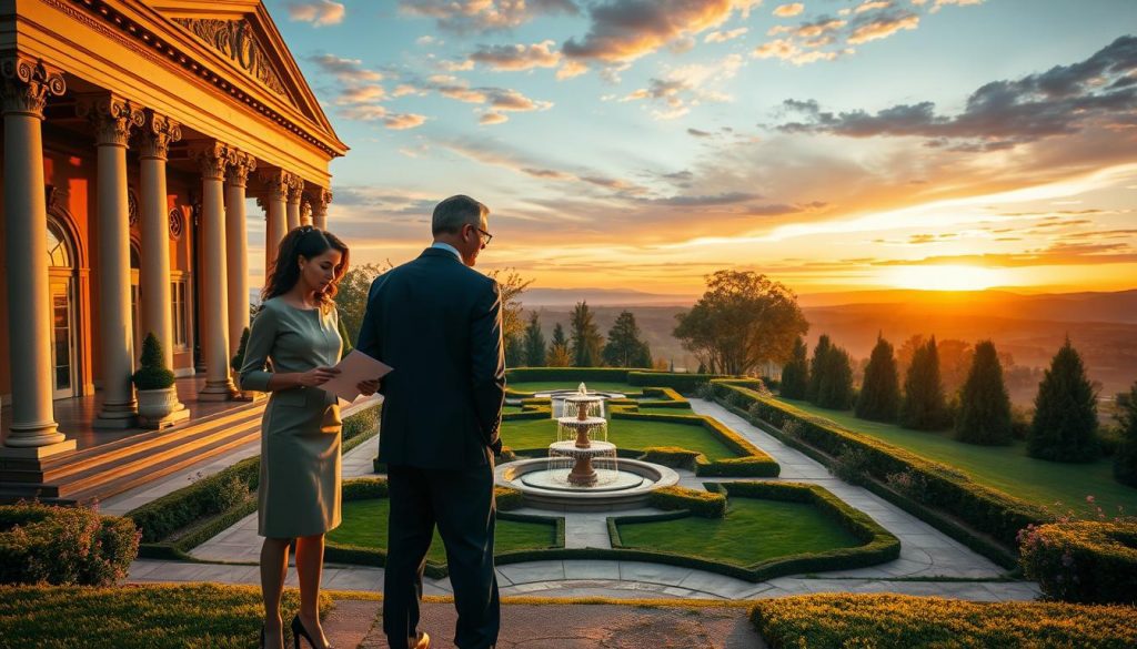 A sprawling mansion with grand columns and intricate architectural details, bathed in warm, golden-hour lighting. In the foreground, a well-dressed couple stands, poring over legal documents with a stern-faced lawyer. The middle ground features a lush, meticulously landscaped garden, with a fountain at its center. In the background, a scenic vista of rolling hills and a vibrant sunset sky. The scene conveys a sense of wealth, responsibility, and the importance of proper estate planning.