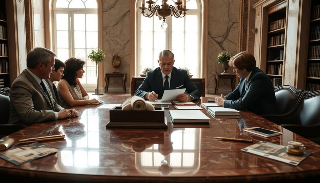 A sprawling marble-clad office, sunlight streaming through floor-to-ceiling windows, illuminating a mahogany desk where a family gathers for a solemn inheritance planning session. Across the table, a stern-faced notary in a crisp suit presides, reviewing documents as the family members exchange anxious glances. The mood is pensive, the atmosphere weighted with the gravity of the occasion, as they navigate the legal complexities of wealth transfer in the principality of Monaco, a global financial hub. Ornate bookshelves line the walls, hinting at the intricate web of tax laws and regulations that must be carefully navigated.