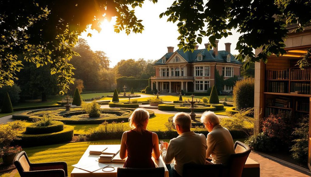 A sprawling, sun-drenched estate, its stately manor house nestled amidst lush, manicured gardens. In the foreground, a family gathered around a table, contemplating financial documents and discussing inheritance tax relief options. Warm, golden light filters through large windows, casting a serene, contemplative mood. In the background, a well-stocked library hints at the intellectual heritage of the family. The scene conveys a sense of intergenerational wealth, thoughtful planning, and the desire to preserve one's legacy for the future.